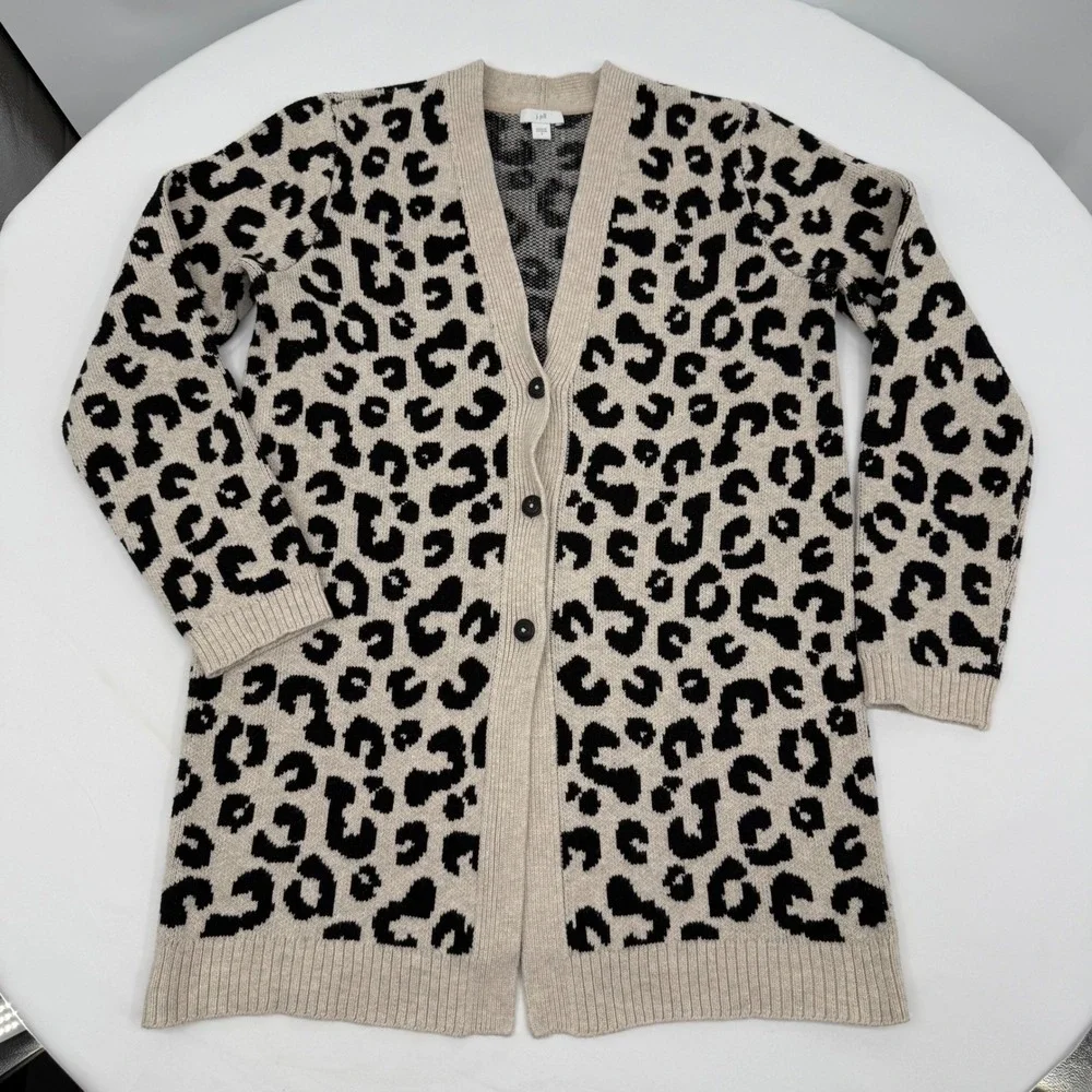 J. Jill‎ Women's Cardigan Leopard Print Size Small Button Front Black Tan Casual